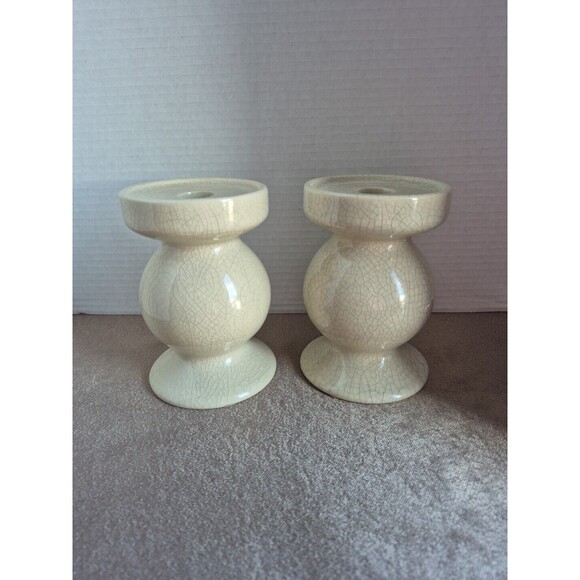 Modern Crazed Glazed Set Of 2 Candle Holders Cream Colored - Picture 1 of 13